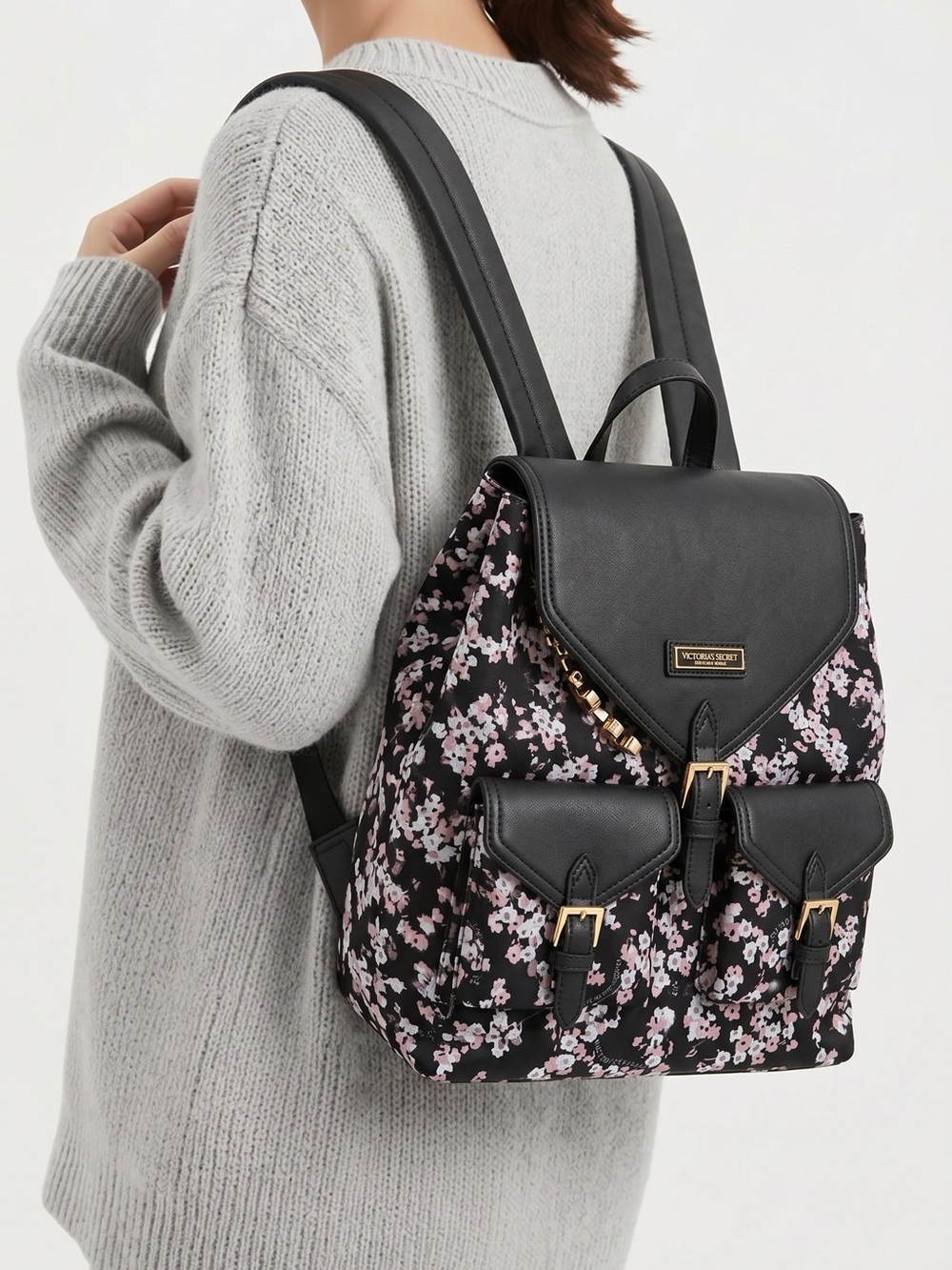 Victoria's Secret Black Floral Pink Accent Backpack - Picture 3 of 4